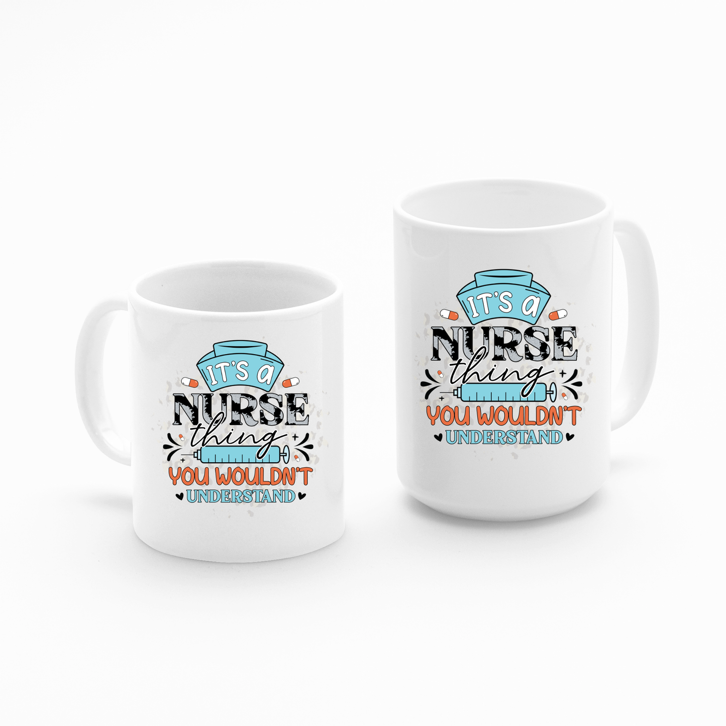 Set of two Funny Nurse Mug Gift | It's a Nurse Thing Design mugs, featuring "It's a nurse thing you wouldn't understand" in blue, black, and orange with medical icons—perfect gift idea for nurses and healthcare heroes.