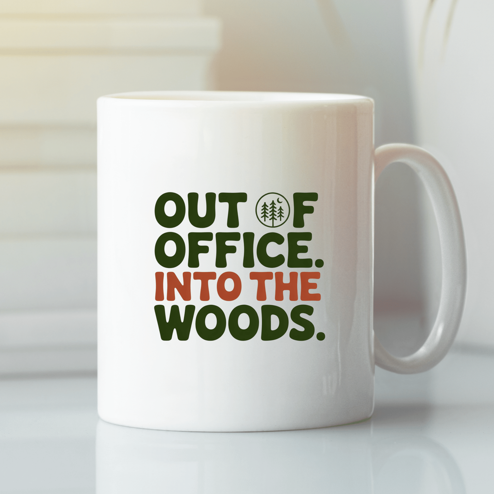 Out of Office Into the Woods Funny Camping Mug - Granville Designs