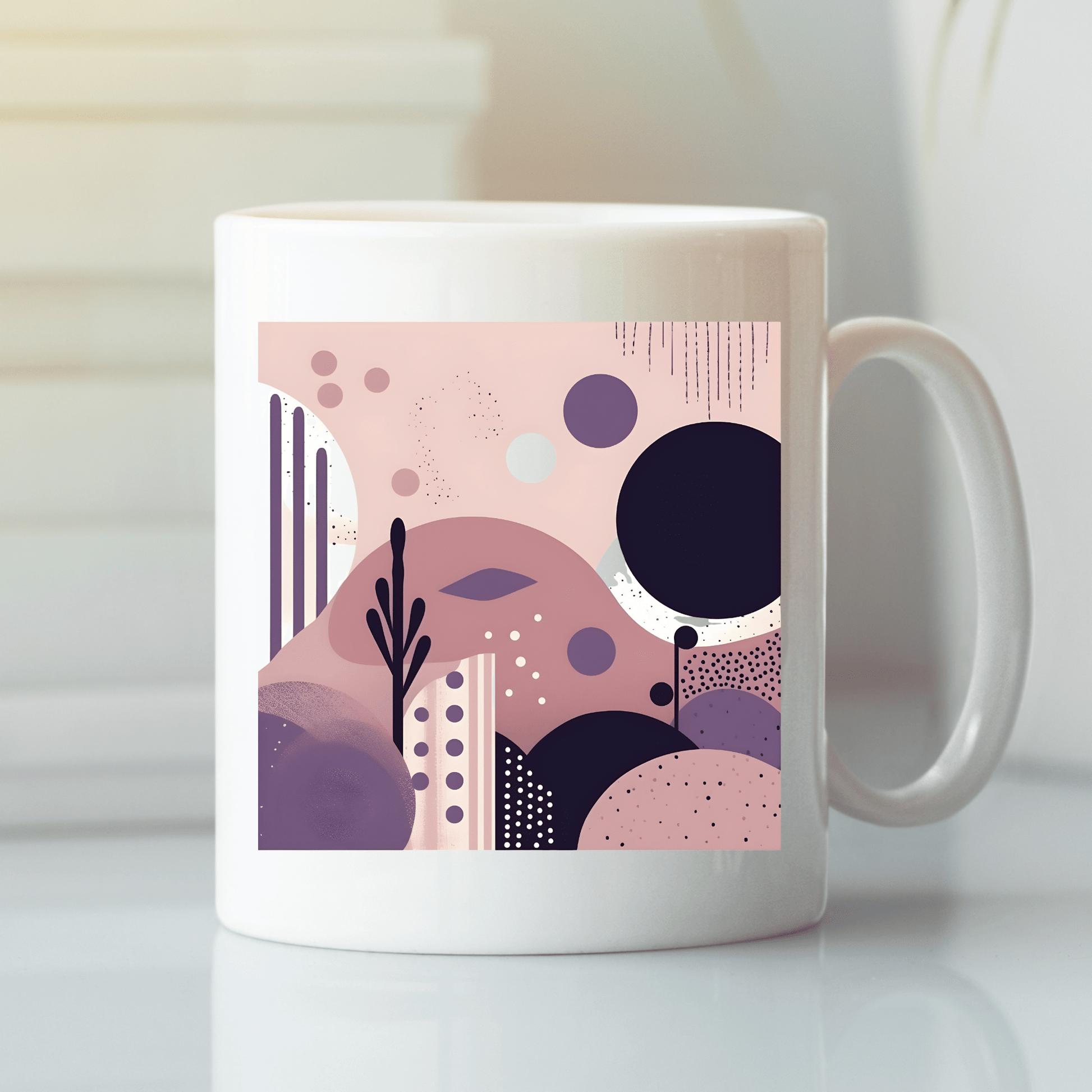 The Purple Dusk Mid Century Modern Mug features an abstract mid-century design in pink, purple, and black geometric patterns, shown on a white surface with a blurred background.