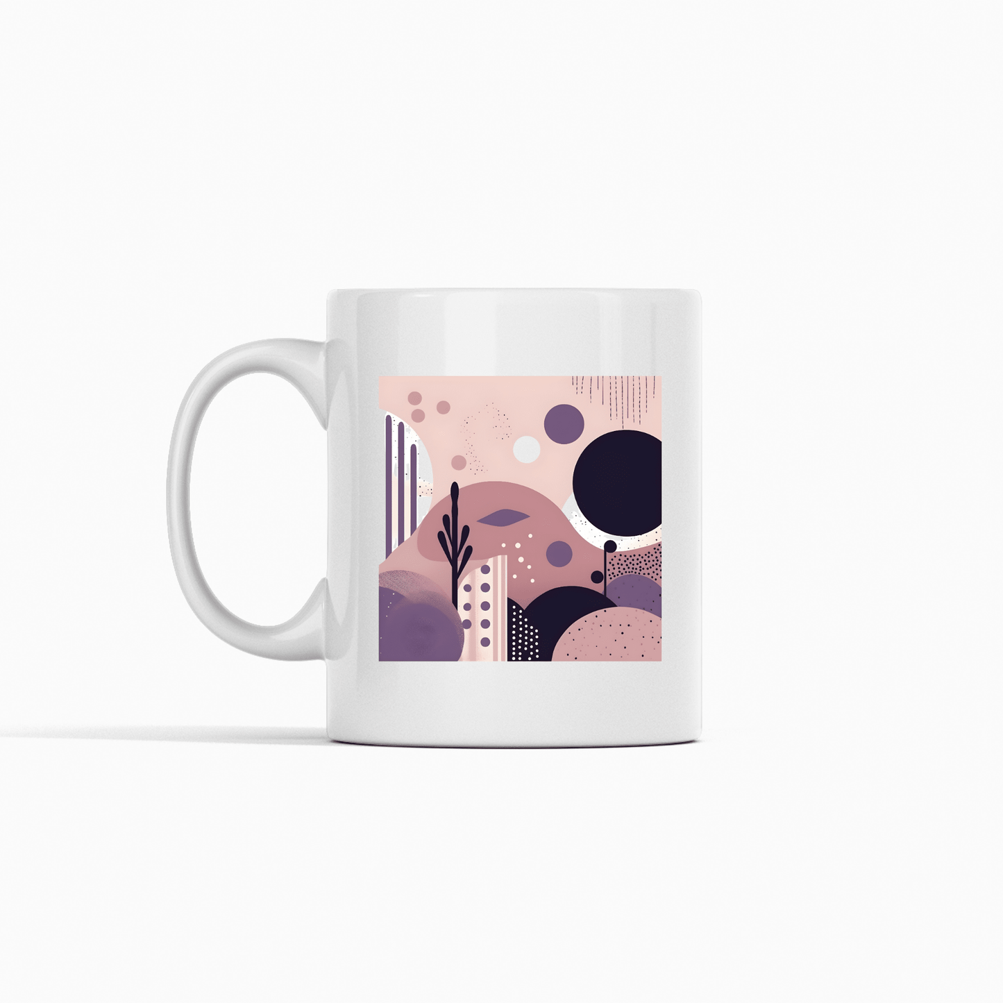 The Purple Dusk Mid Century Modern Mug is a white ceramic mug with a modern abstract landscape in soft pink, purple, and beige tones, featuring geometric shapes, dots, hills, and plant motifs—perfect for mid century modern decor fans.