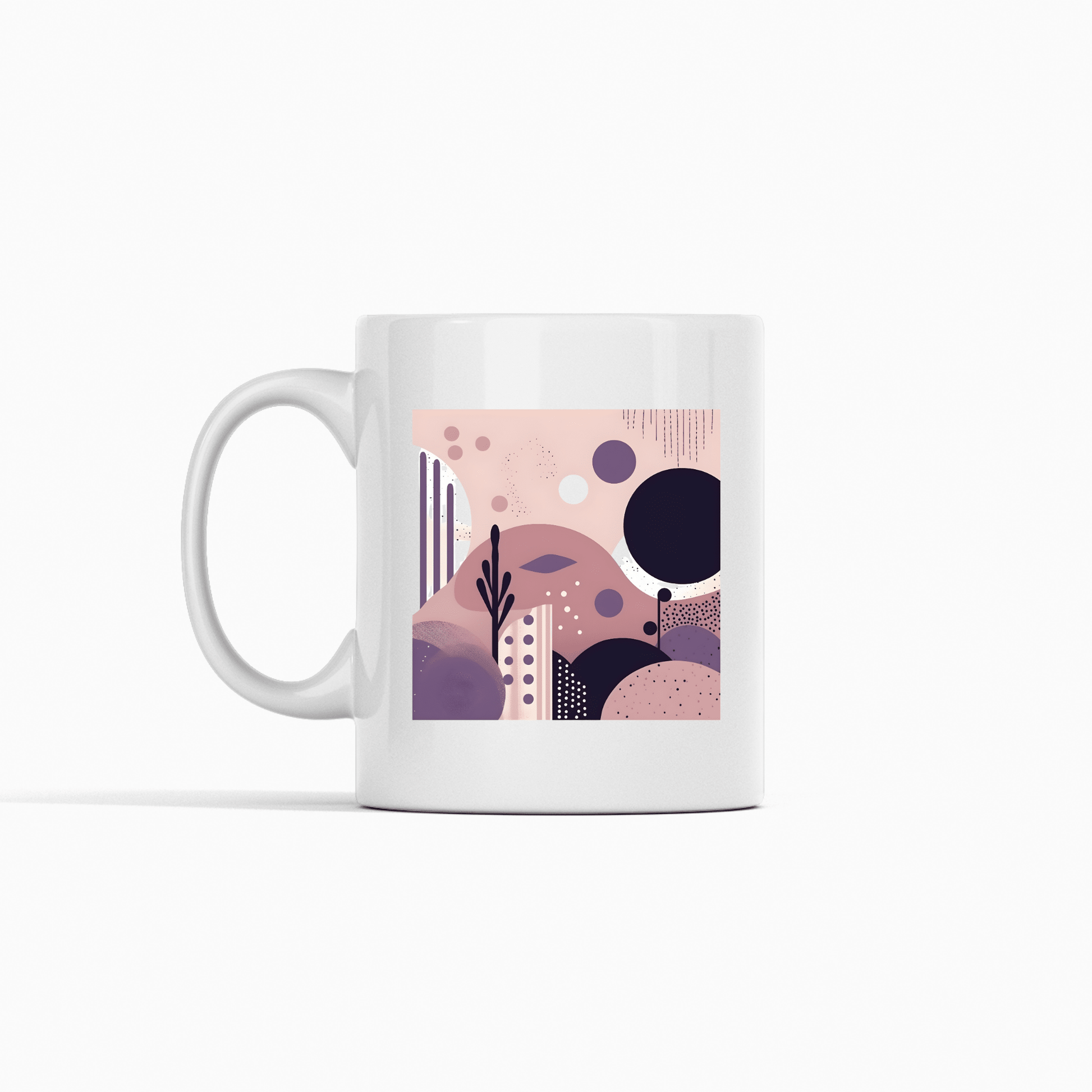 The Purple Dusk Mid Century Modern Mug is a white ceramic mug with a modern abstract landscape in soft pink, purple, and beige tones, featuring geometric shapes, dots, hills, and plant motifs—perfect for mid century modern decor fans.