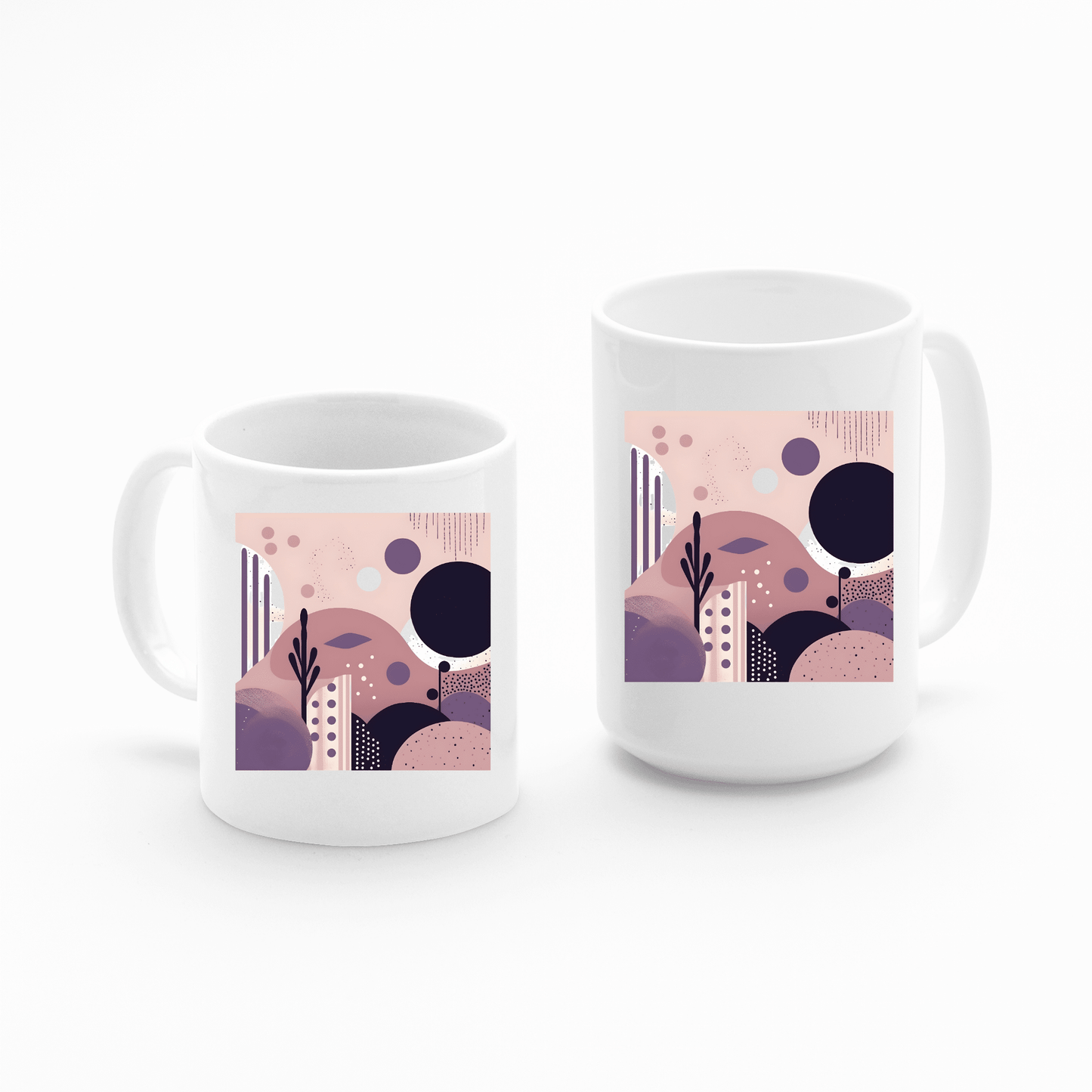 The Purple Dusk Mid Century Modern Mug features abstract art with pink, purple, and black shapes, dots, and lines in a modern landscape design with hills and plants. Comes as a set of two white mugs.
