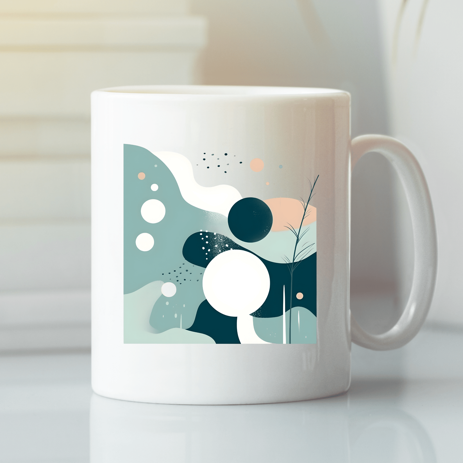 The Quiet Tides Mid Century Modern Mug features an abstract design with circles, wavy shapes, and dots in teal, white, and black, highlighted by a slim plant-like line. This unique mug is displayed on a smooth white surface.