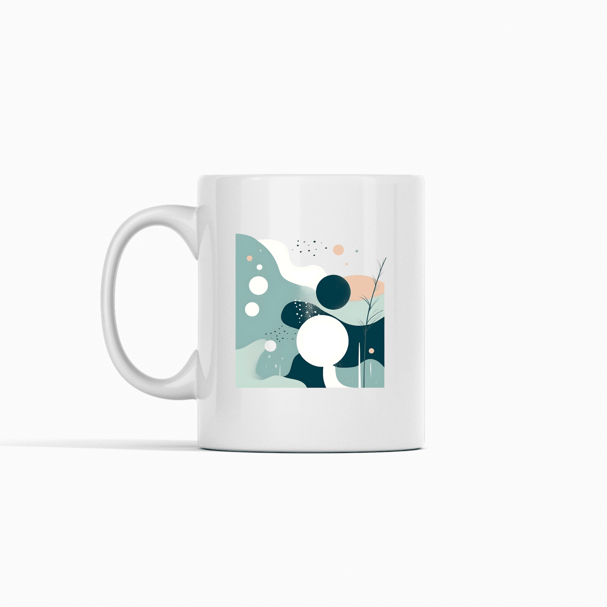 The Quiet Tides Mid Century Modern Mug is a white ceramic mug with abstract geometric shapes and organic patterns in blue, teal, black, and white, plus a plant stem line—ideal for adding minimalist style to your home decor.