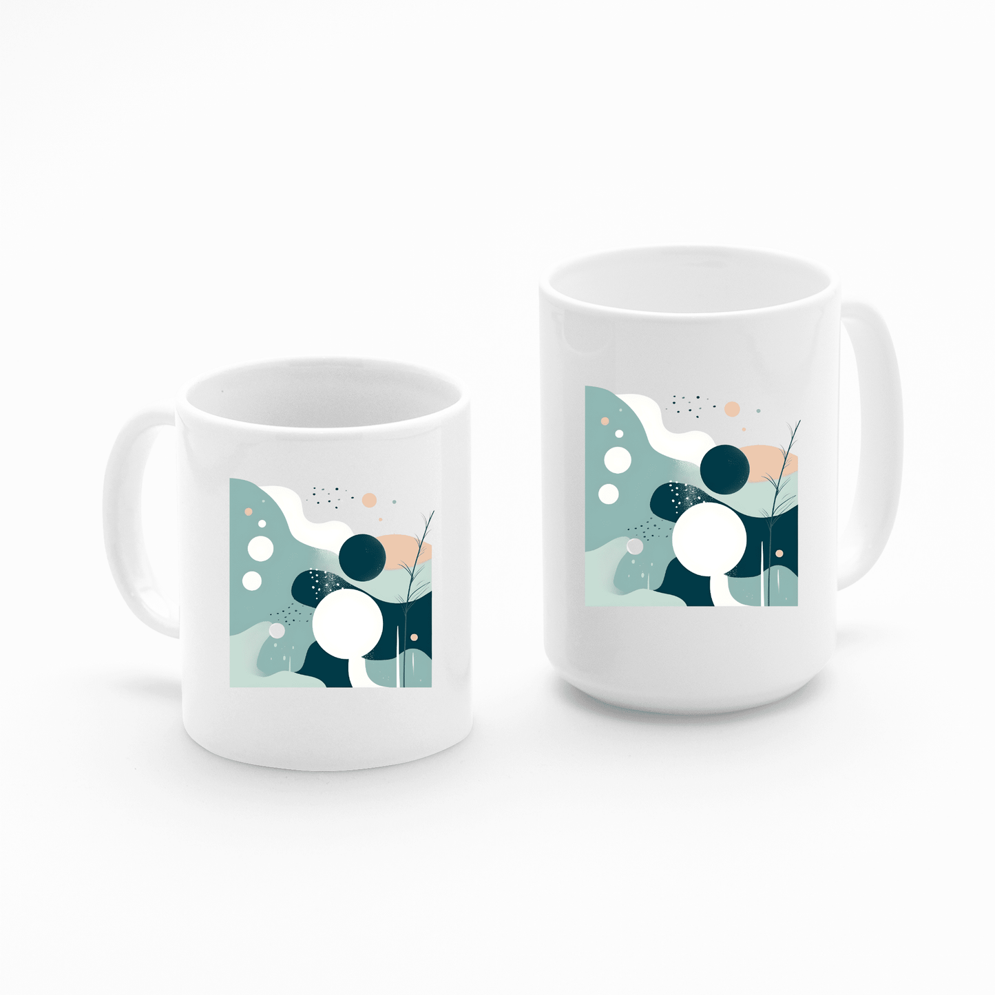 The Quiet Tides Mid Century Modern Mug set includes two white ceramic mugs, small and large, with abstract art designs in teal, mint, white, and peach—ideal for minimalist home decor.