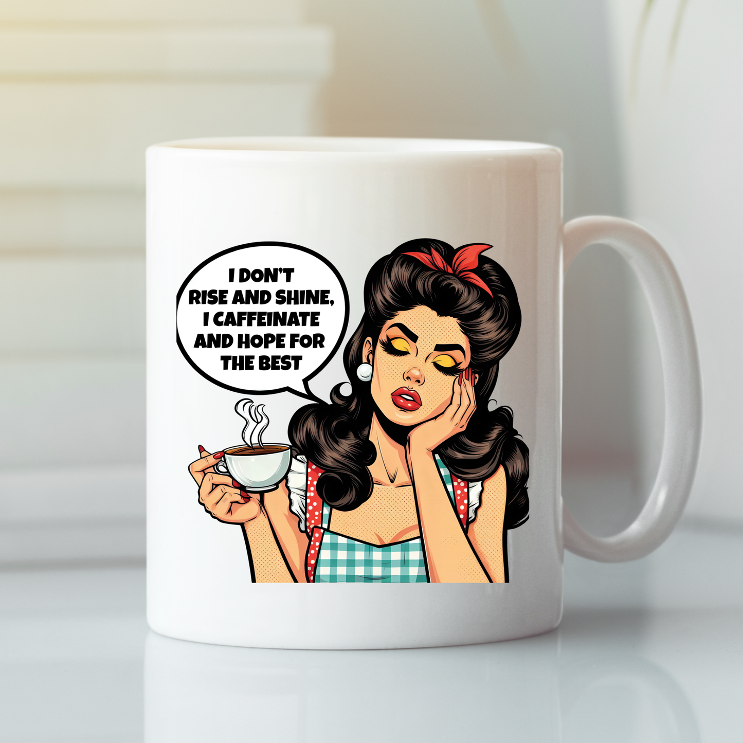 The Rise and Shine Caffeinate Mug features a retro pop art woman with coffee, a witty quote, and is the perfect funny gift for coffee lovers.