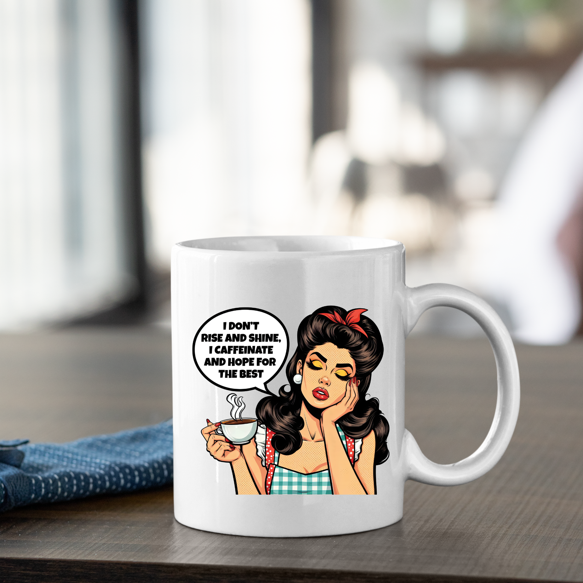 The Rise and Shine Caffeinate Mug is a white retro mug featuring a cartoon woman with coffee and the phrase, "I don't rise and shine. I caffeinate and hope for the best." A perfect funny gift for coffee lovers!.