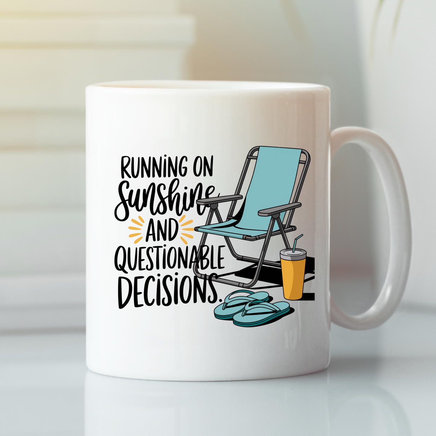 Introducing the Running on Sunshine Mug | Funny Beach Lover Gift—a white mug adorned with a playful illustration of a beach chair, flip-flops, and a refreshing drink. The design features the phrase: "Running on sunshine and questionable decisions." This vacation coffee mug is the perfect gift for anyone who enjoys kickstarting their morning with humor and laid-back beach vibes.