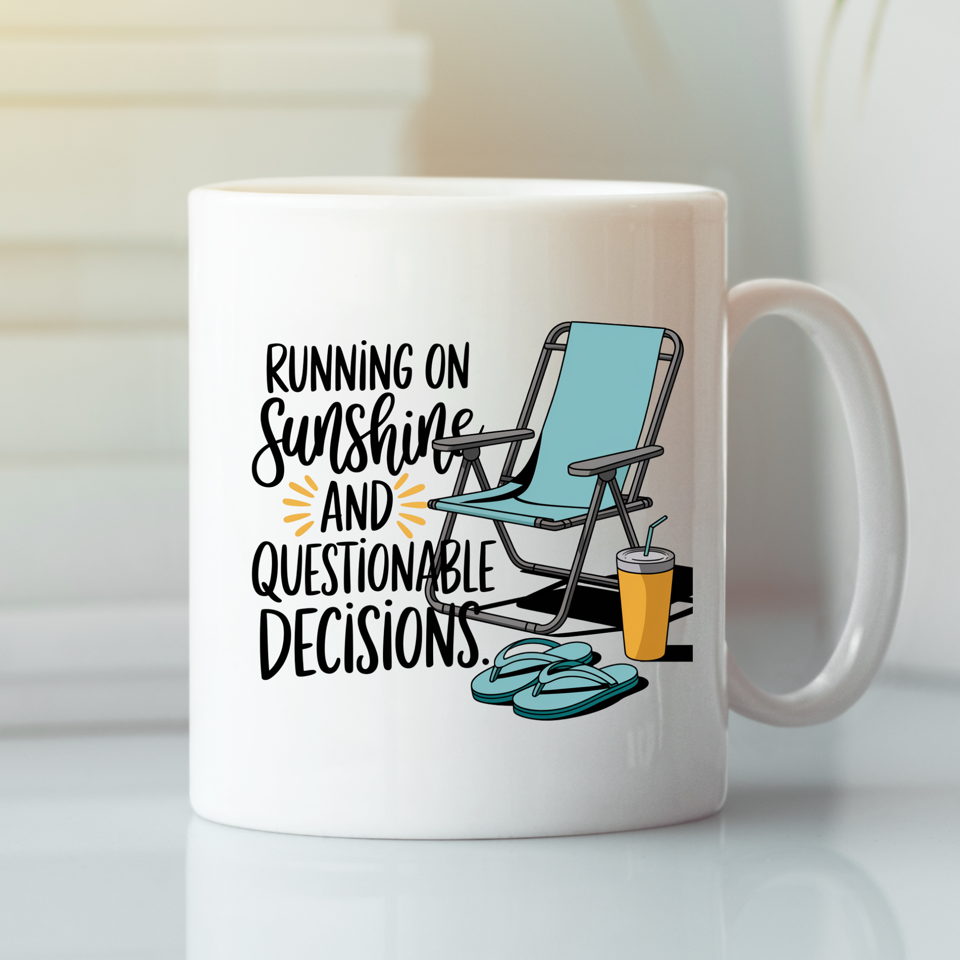 Introducing the Running on Sunshine Mug | Funny Beach Lover Gift—a white mug adorned with a playful illustration of a beach chair, flip-flops, and a refreshing drink. The design features the phrase: "Running on sunshine and questionable decisions." This vacation coffee mug is the perfect gift for anyone who enjoys kickstarting their morning with humor and laid-back beach vibes.