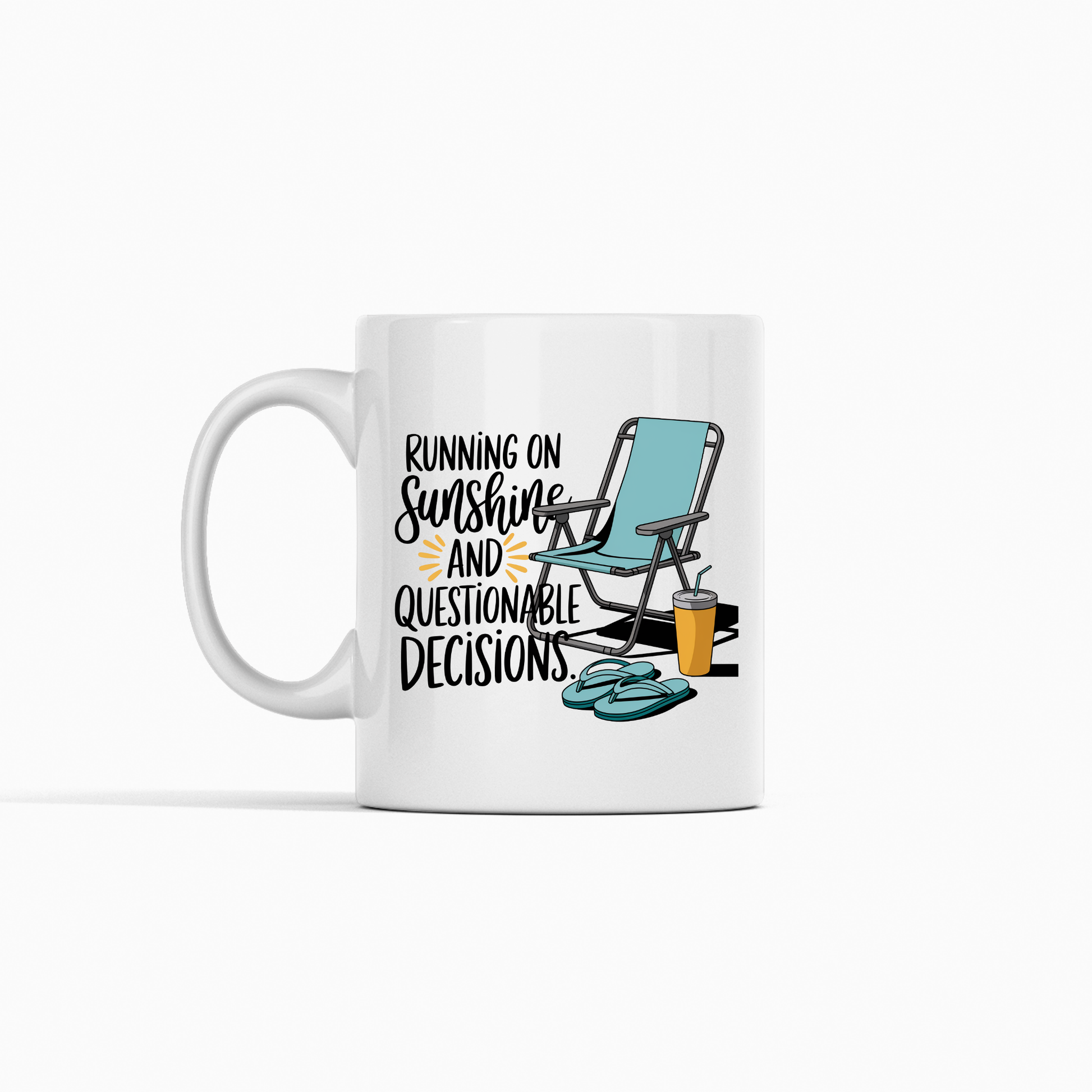 The Running on Sunshine Mug | Funny Beach Lover Gift is a white mug featuring an illustration of a beach chair, flip-flops, and a drink, with the text: "Running on sunshine and questionable decisions." This vacation coffee mug exudes a relaxed, summer vibe—perfect for anyone who loves sunny days by the shore.