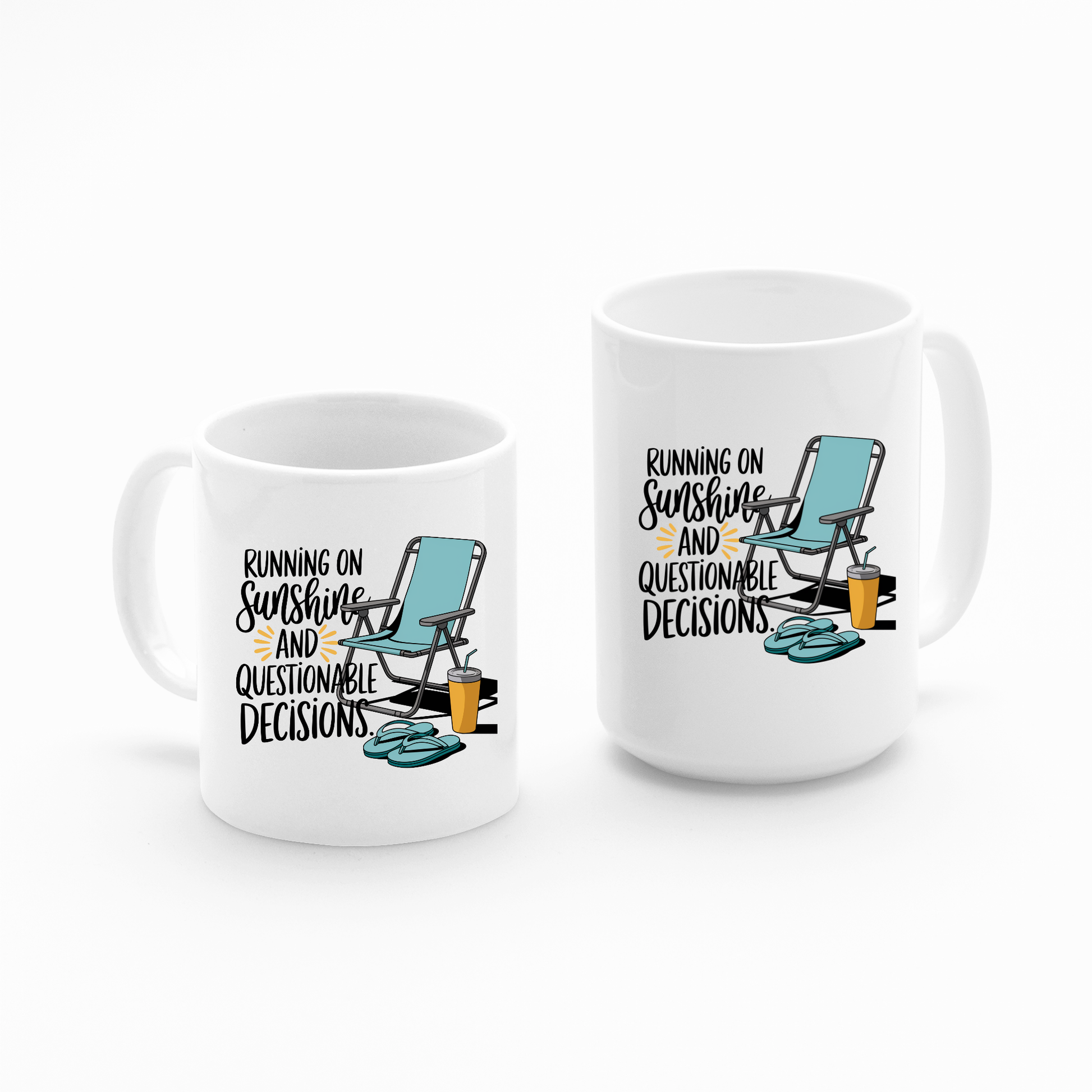 Enjoy mornings with a pair of white Running on Sunshine Mugs, each featuring a vibrant beach design with a chair, flip-flops, sunglasses, and colorful drinks. The playful phrase "Running on Sunshine and Questionable Decisions" adds to its charm, making this funny beach lover gift the perfect sunshine mug for anyone who dreams of sandy shores and laid-back days.
