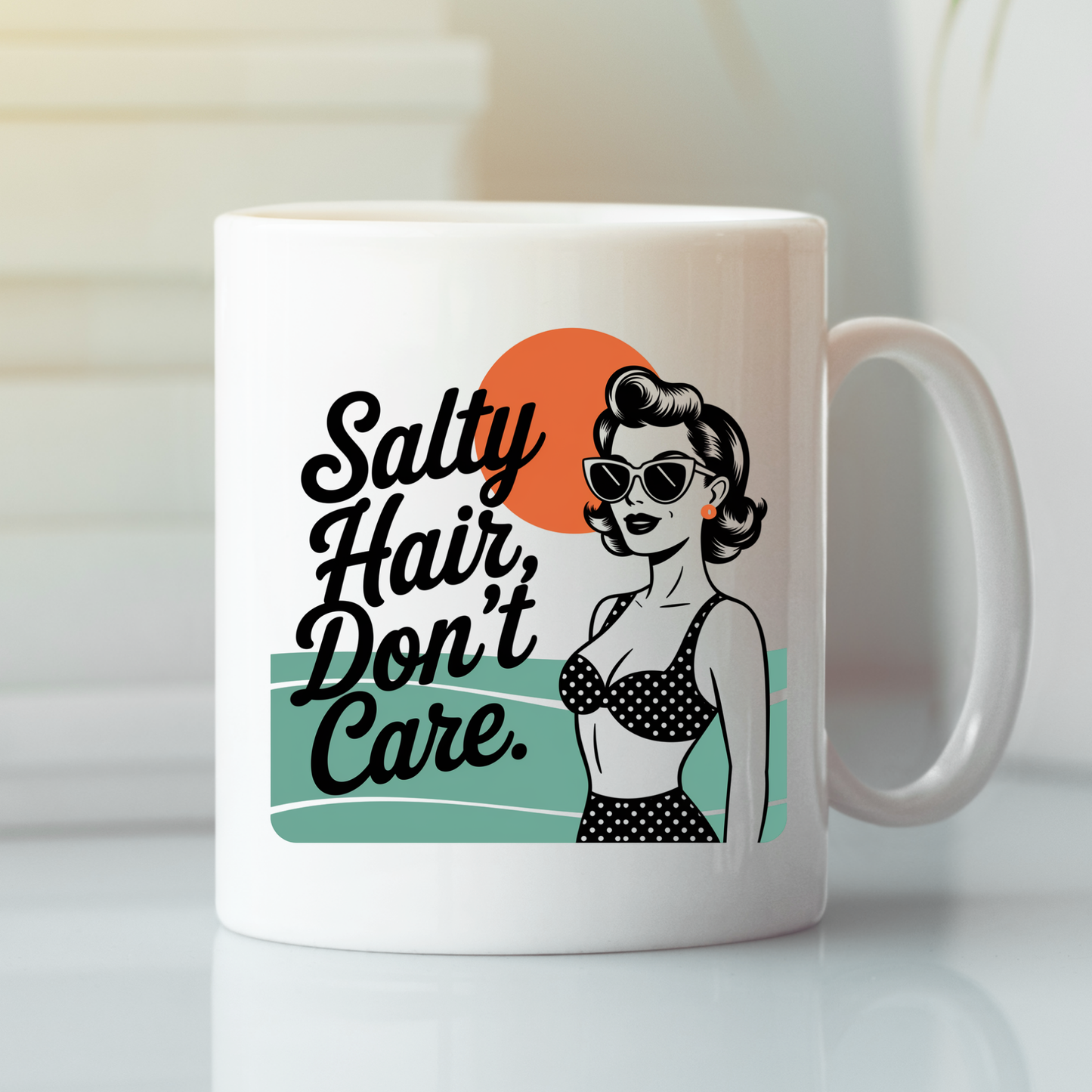 Channeling retro vibes and a playful spirit, the Salty Hair Don't Care Mug | Retro Beach Coffee Mug showcases a lively illustration of a woman in a polka-dot bikini and sunglasses. The phrase "Salty Hair, Don't Care" stands out against an orange sun and teal waves background. This mug is the perfect retro beach gift or an eye-catching piece for any beach mug collection.