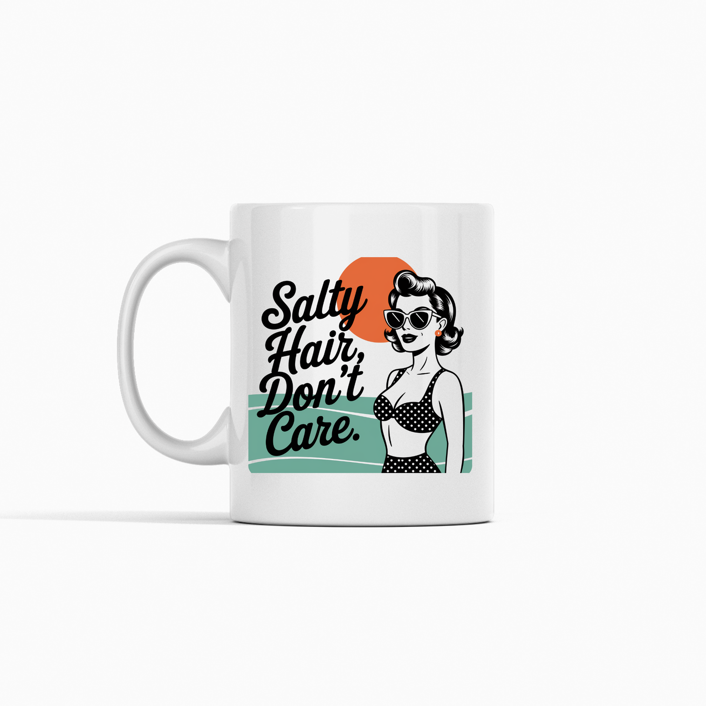Sip your favorite drink in style with the Salty Hair Don't Care Mug | Retro Beach Coffee Mug. This white mug features a retro-style illustration of a woman in sunglasses and a polka-dot bikini, paired with the phrase "Salty Hair, Don’t Care." Vibrant orange and teal graphic elements add to the coastal charm, making it the perfect beach mug or seaside gift for anyone who loves laid-back vibes.