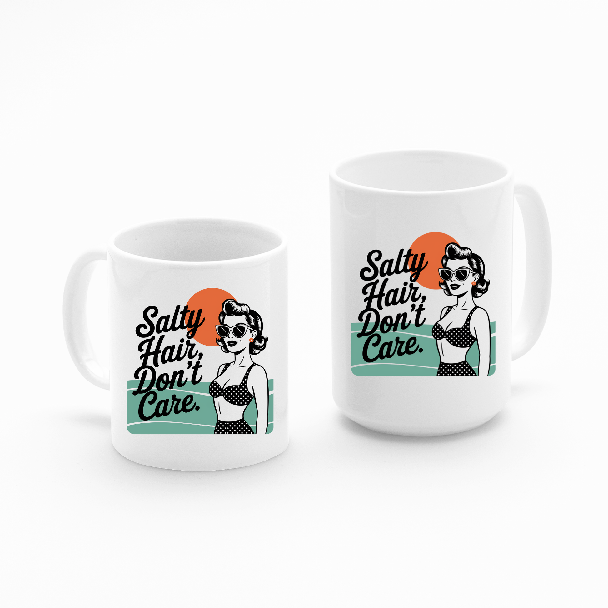 Enjoy your favorite beverage in the Salty Hair Don’t Care Mug | Retro Beach Coffee Mug. This set includes two white mugs, each featuring a retro woman in sunglasses and a swimsuit, paired with the phrase “Salty Hair, Don’t Care” beside an orange sun and green accent. These matching mugs make the perfect beach mug set or coastal gift for anyone who loves a laid-back, seaside vibe.