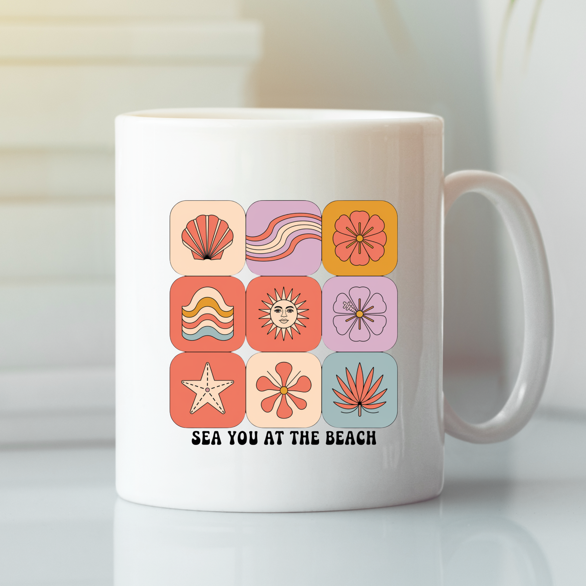 Brighten your morning routine with the Sea You at the Beach Mug | Retro Beach Coffee Mug, featuring vibrant sea-themed and floral illustrations in a playful grid design. With "SEA YOU AT THE BEACH" printed at the bottom, this coastal-inspired mug is perfect for ocean lovers seeking cheerful, summer vibes in every sip.