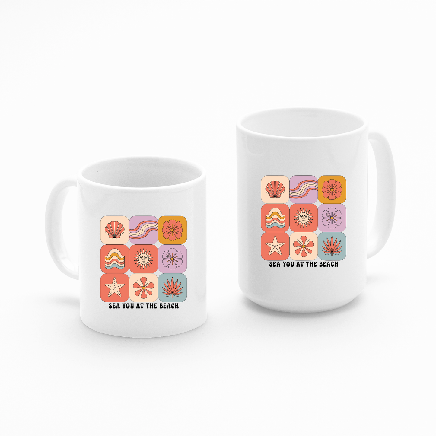 Enjoy your favorite drink in the Sea You at the Beach Mug | Retro Beach Coffee Mug—a set of two white mugs featuring vibrant beach-themed icons like shells, waves, starfish, and flowers in playful pink, orange, and purple hues. Each mug showcases the phrase "SEA YOU AT THE BEACH" beneath the retro-inspired designs, making them perfect for anyone seeking a coastal coffee mug or summer vibe.