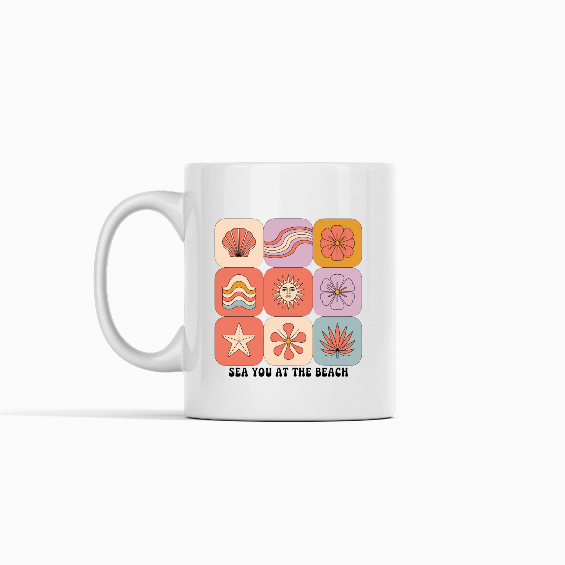 Introducing the Sea You at the Beach Mug | Retro Beach Coffee Mug—a white mug adorned with vibrant squares, each featuring beach-themed icons such as shells, starfish, sunshine, and ocean waves. Below the playful designs, the phrase "SEA YOU AT THE BEACH" adds a fun touch. This coastal coffee mug is perfect for infusing your morning routine with a splash of seaside charm. The clean white background keeps the look fresh and breezy.