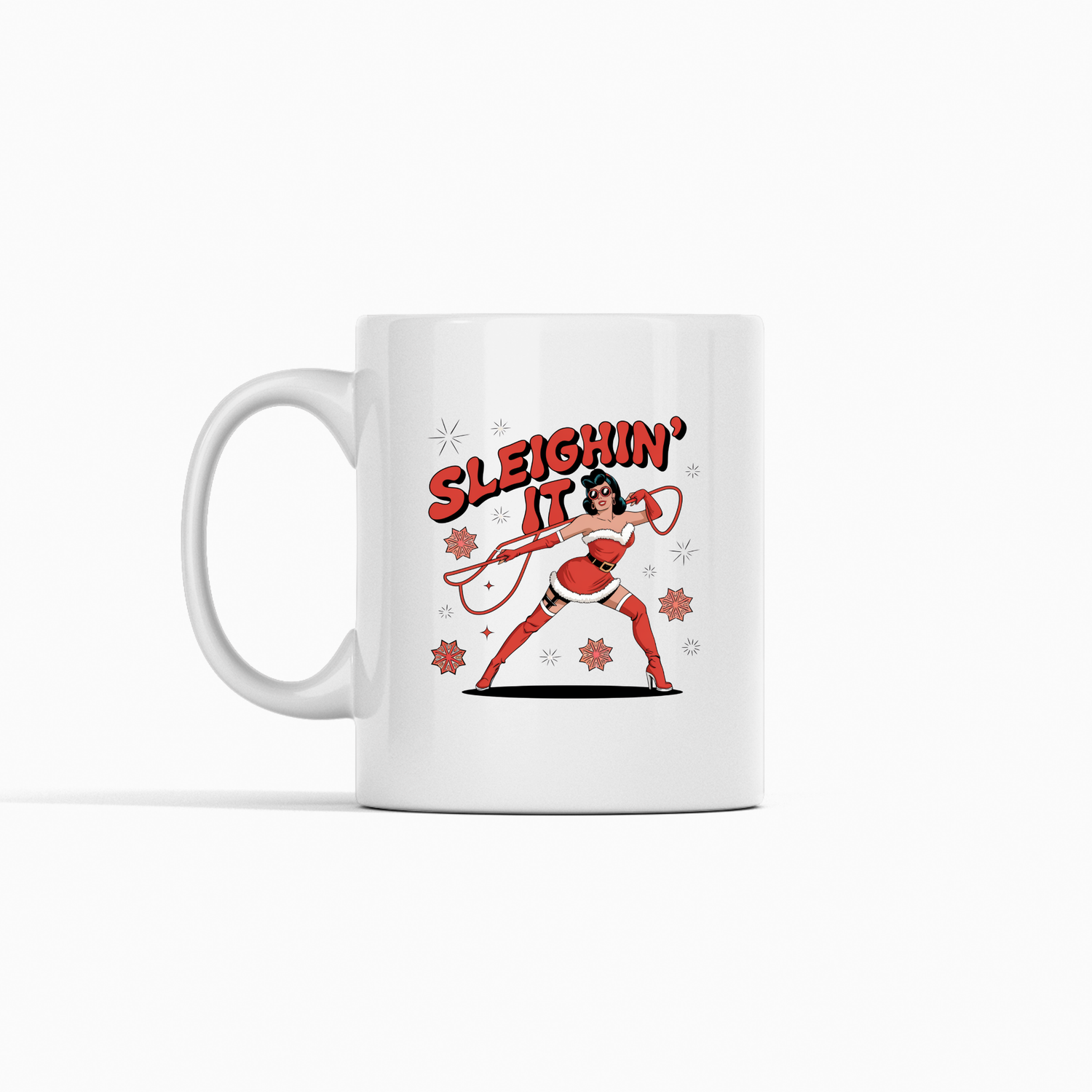 The Sleighin’ It Mug | Funny Retro Christmas Coffee Cup features a retro Santa striking a confident pose with “Sleighin’ It,” snowflakes, and stars—making it a perfect holiday mug or stocking stuffer.
