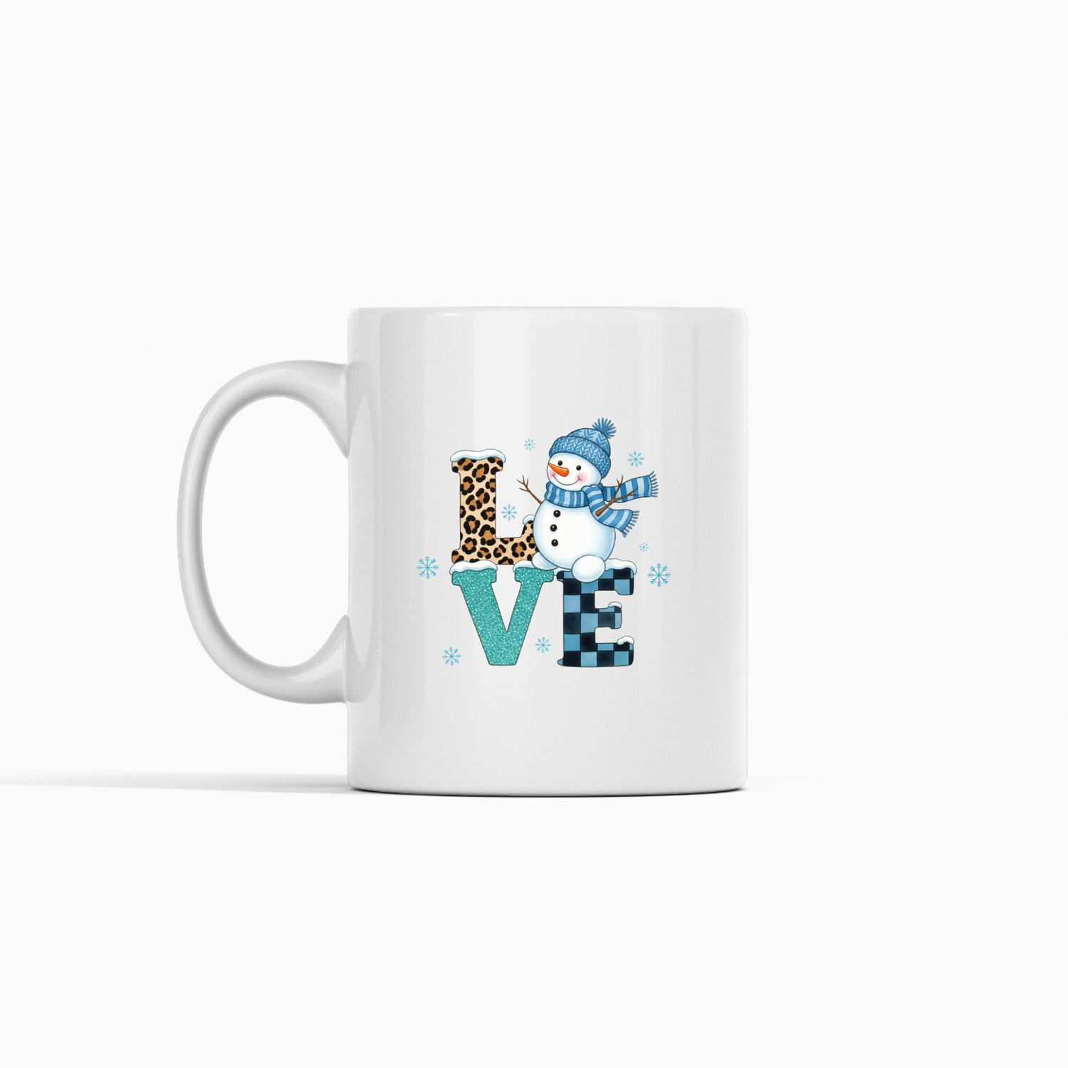 The Snowman LOVE Mug is a cute winter coffee cup featuring a ceramic leopard print design and a smiling snowman as the "O." Fun animal print, teal, and plaid letters add festive charm—perfect for holiday gifts.