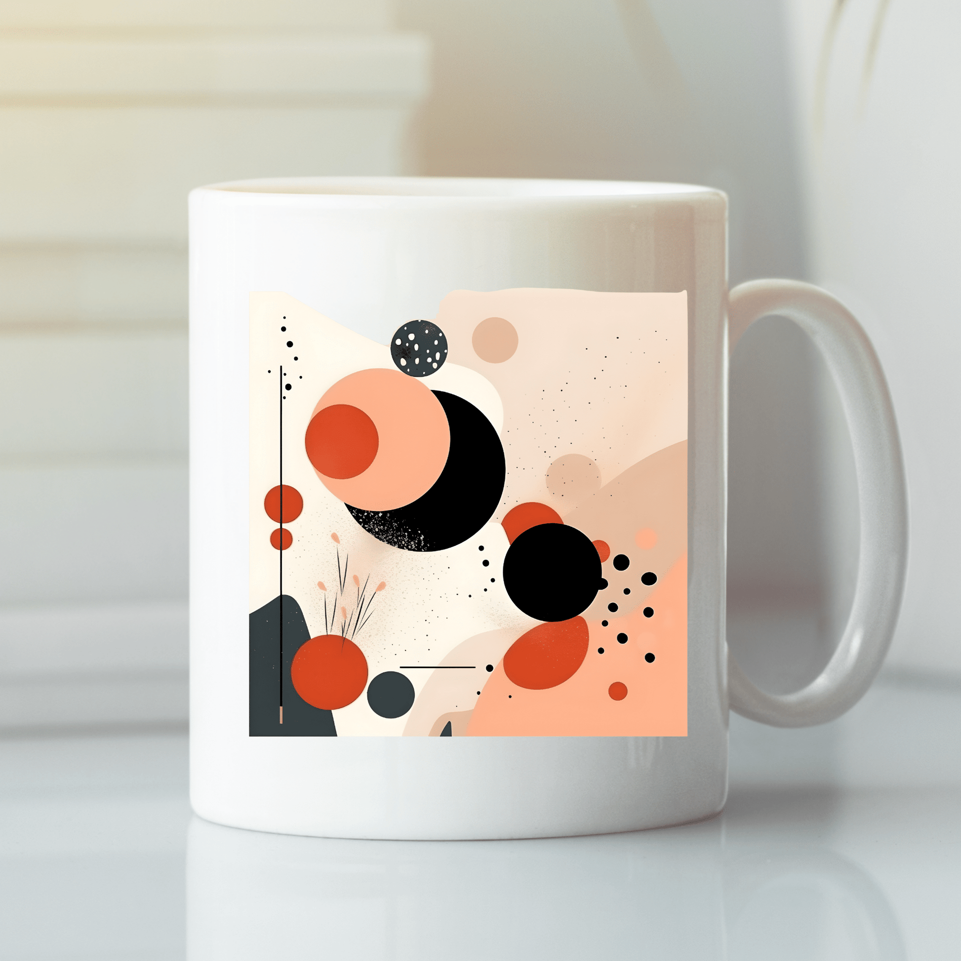 The Solar Bloom Mid Century Modern Mug is a white ceramic coffee mug with overlapping black, coral, and peach circles, scattered dots, and geometric shapes on a soft beige background. It’s shown resting on a white surface.