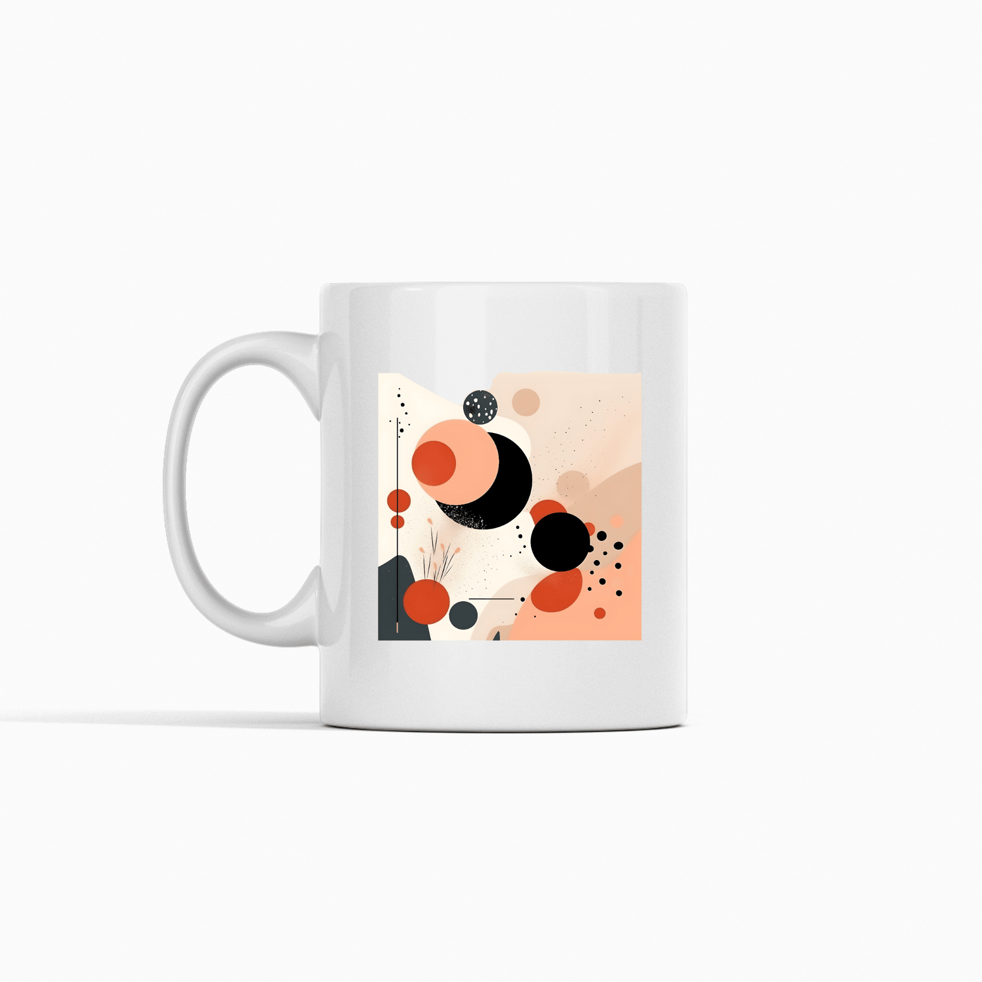 The Solar Bloom Mid Century Modern Mug is a bold geometric coffee mug with a white ceramic base, decorated with abstract red, black, and orange circles and dots on a beige background.