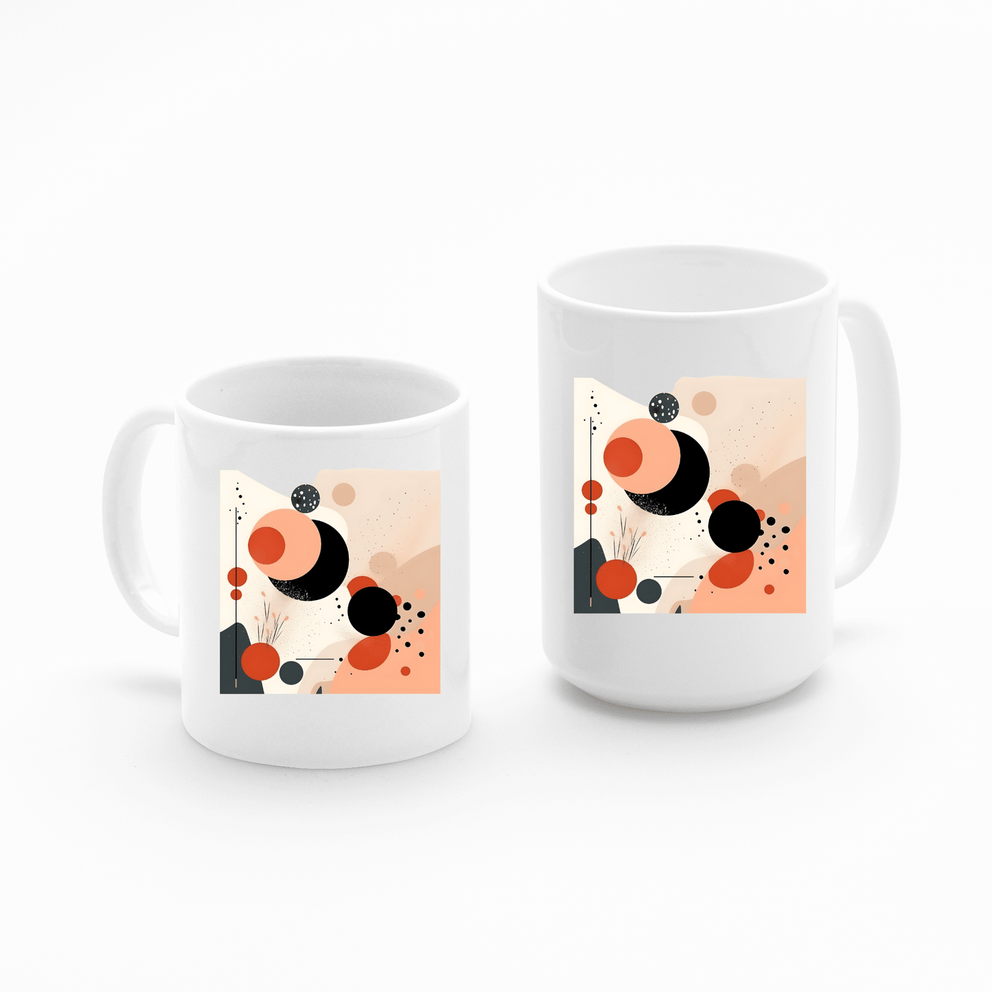 Two white Solar Bloom Mid Century Modern Mugs with bold geometric designs in black, coral, and orange on a soft beige background are placed side by side, featuring abstract modern art.