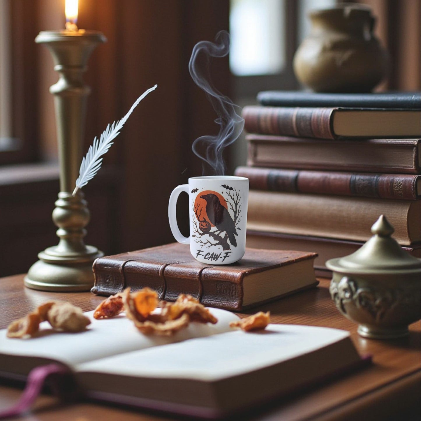 A cozy scene with books, a lit candle, quill, dried fruit, and a steaming F-CAW-F Raven Mug | Gothic Halloween Coffee Cup on a wooden desk by the window.