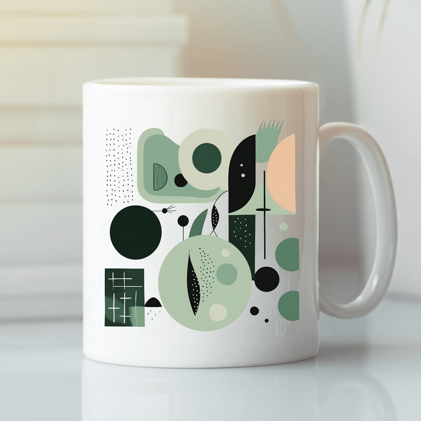 The Spring Geometry Mid Century Modern Mug features an abstract geometric design in green, black, and peach with circles, rectangles, and lines—perfect for adding a stylish touch to any white surface.