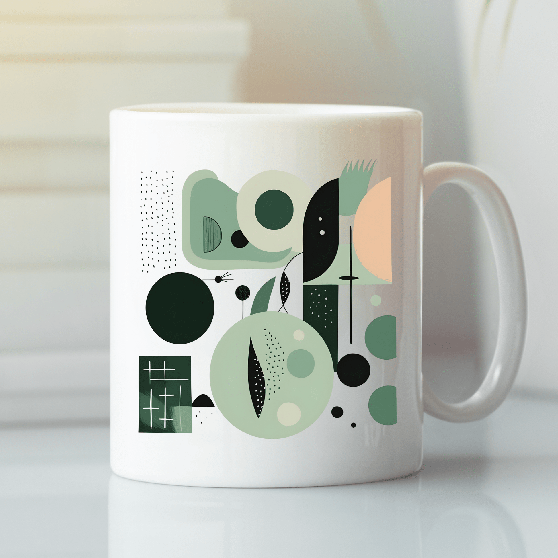The Spring Geometry Mid Century Modern Mug features an abstract geometric design in green, black, and peach with circles, rectangles, and lines—perfect for adding a stylish touch to any white surface.