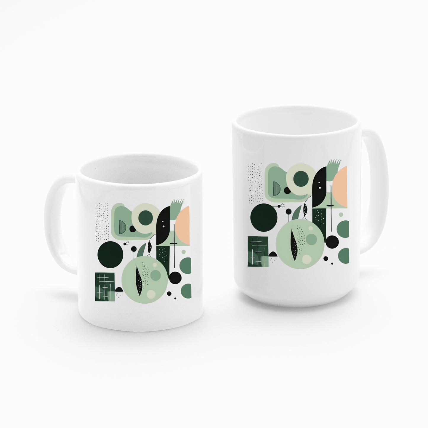 The Spring Geometry Mid Century Modern Mug set features one short and one tall white mug, each with green, black, and peach geometric shapes—circles, dots, and lines—for a modern, nature-inspired touch to your home décor.