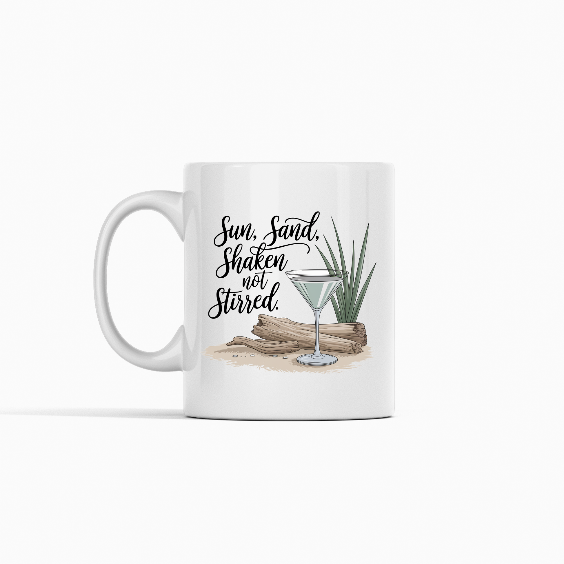 Bring laid-back coastal vibes to your morning routine with the Sun Sand Shaken Not Stirred Mug | Beach Lover Gift. Featuring a charming illustration of a martini glass, driftwood, sand, and a succulent plant, this white coffee mug displays the playful phrase "Sun, Sand, Shaken not Stirred." Set against a plain white background, it makes the perfect funny vacation gift for anyone who loves relaxing by the beach.