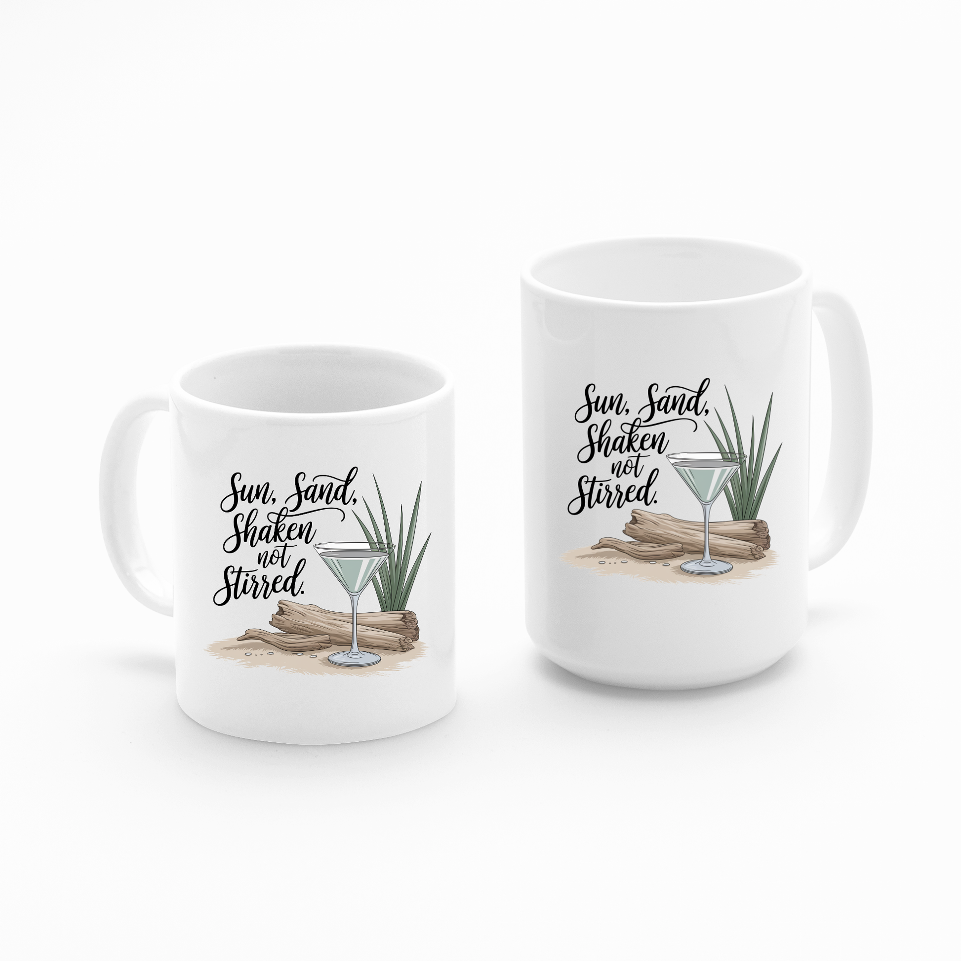 Enjoy your favorite drink with the Sun Sand Shaken Not Stirred Mug | Beach Lover Gift—a set of two white mugs featuring a beach-inspired design with a martini glass, driftwood, and green leaves. The playful "Sun, Sand, Shaken not Stirred" message makes these funny vacation mugs the ideal coastal gift or perfect beach coffee mug for anyone who loves relaxing by the shore.