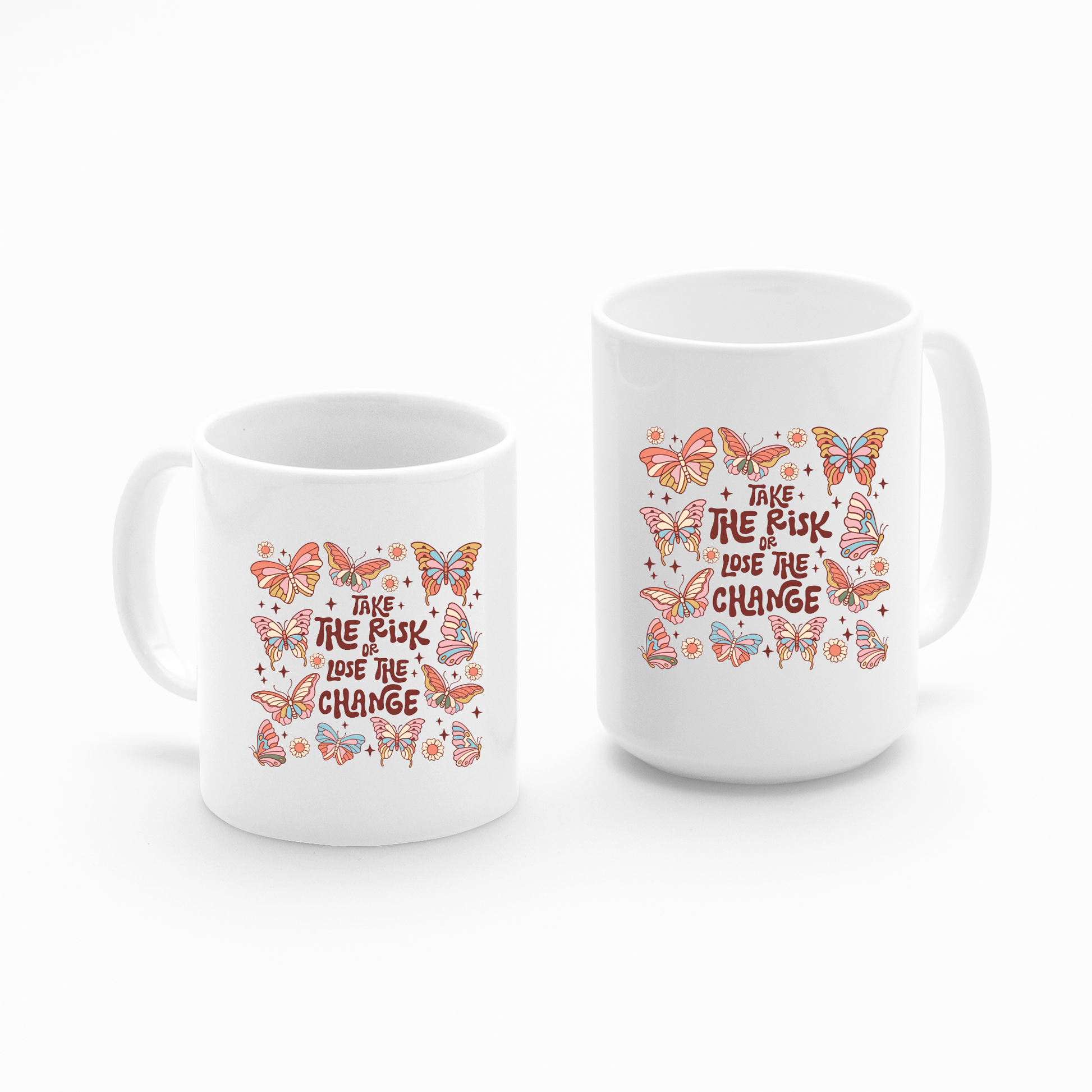 Set of two Take the Risk or Lose the Change Mugs | Inspirational Coffee Mug, featuring white ceramic construction and orange butterfly designs with the quote "Take the risk, lose the chance" at the center. The left mug is shorter and wider, while the right mug is taller and slimmer. Perfect as a motivational gift or inspirational coffee mug, both are displayed on a white background.