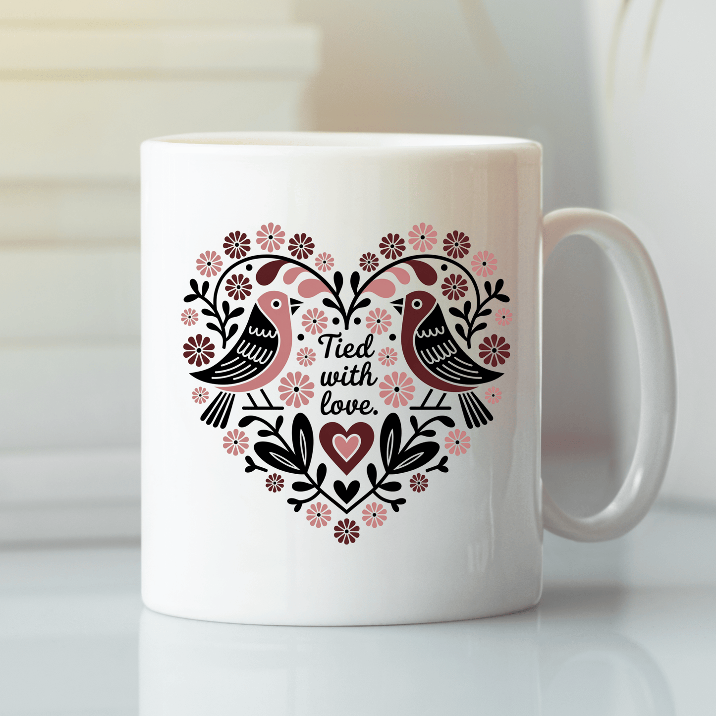 Tied with Love Mug | Folk Art Birds and Heart Design - Granville Designs