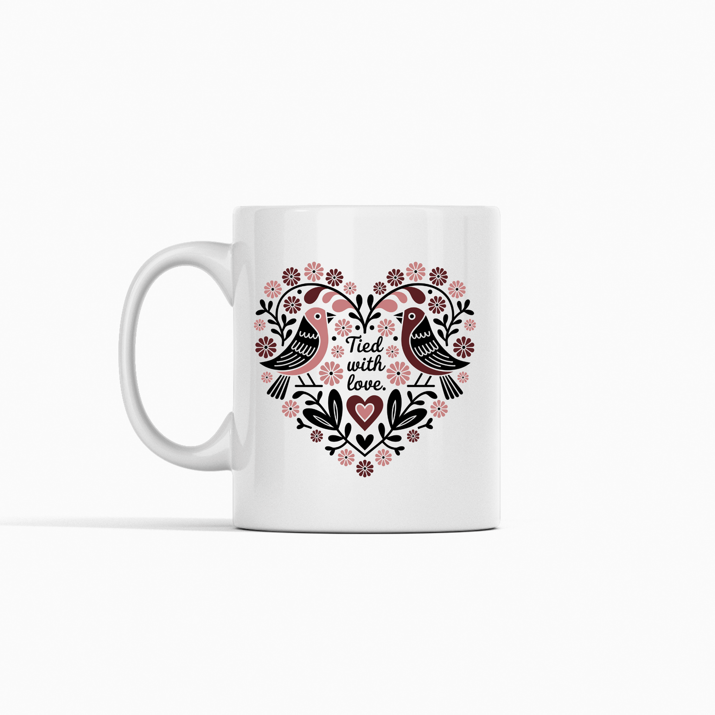 Tied with Love Mug | Folk Art Birds and Heart Design - Granville Designs