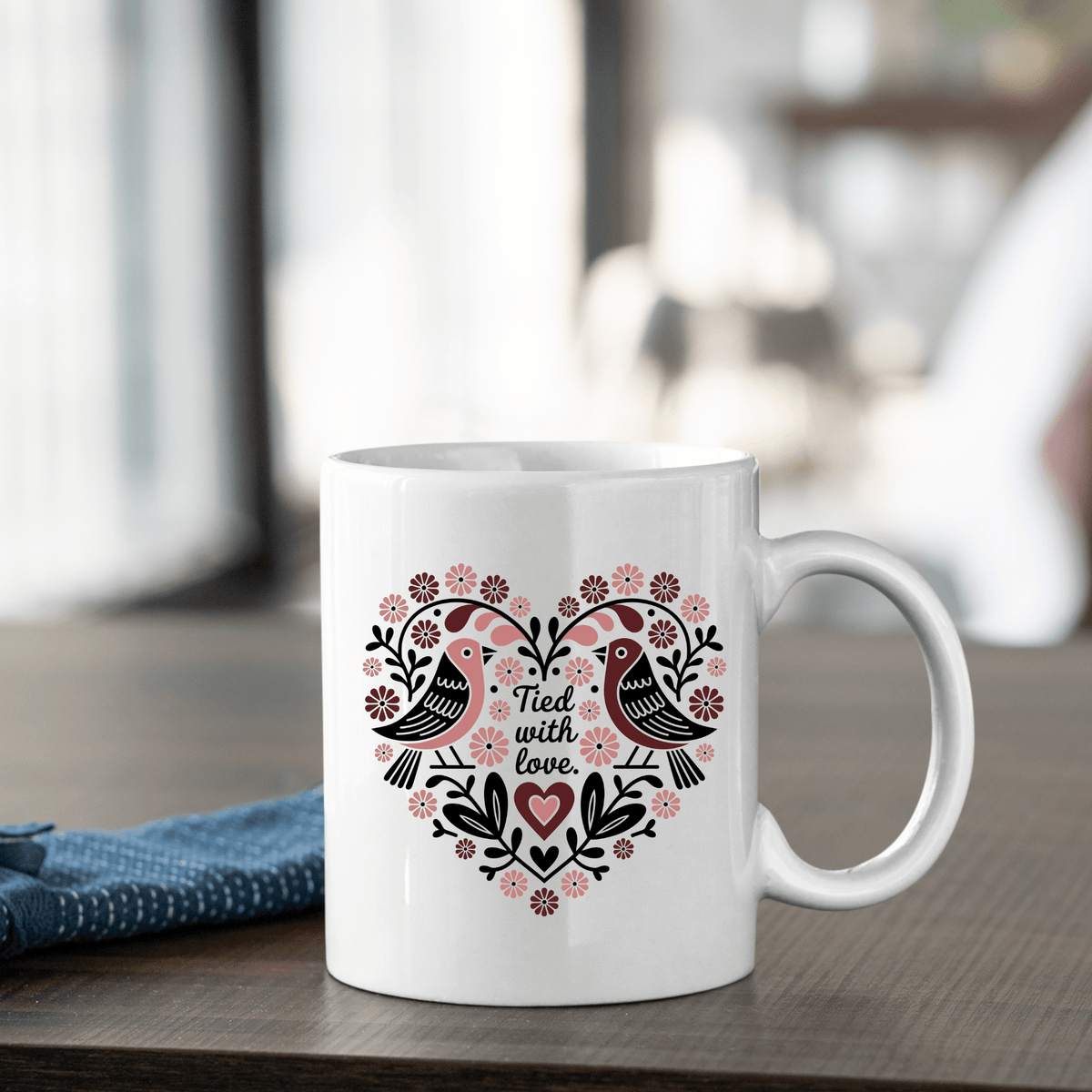 Tied with Love Mug | Folk Art Birds and Heart Design - Granville Designs